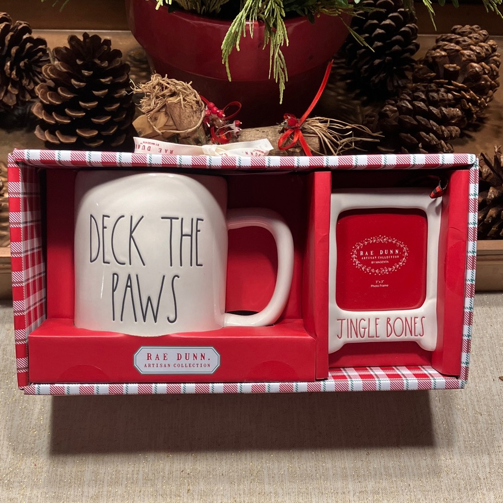 Rae Dunn “Deck the Paws” Holiday Mug and “Jingle Bones” frame ornament gift set